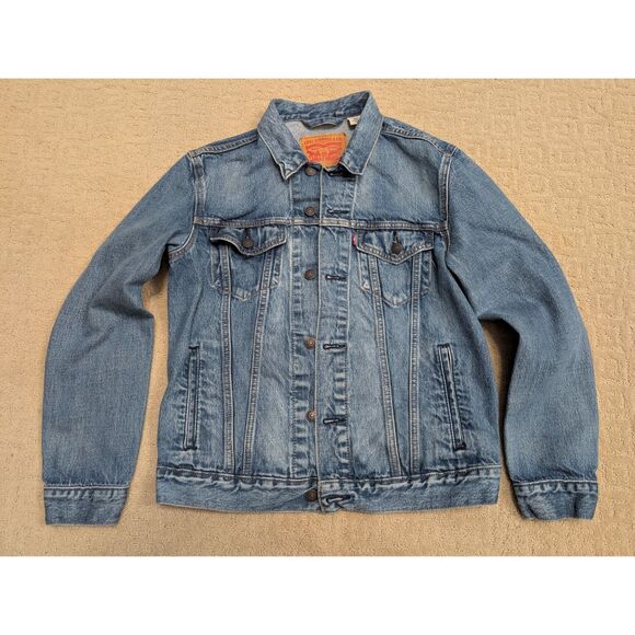 Levi's Trucker Denim Jacket Men's Medium with Red Blue Black Stripe - Picture 2 of 6